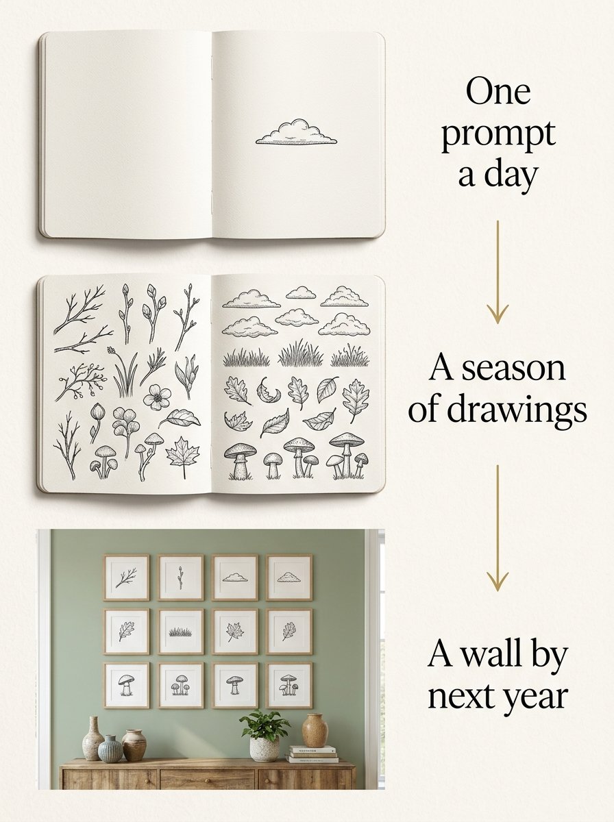 A year of drawing prompts for adults turning into a wall of small framed drawings