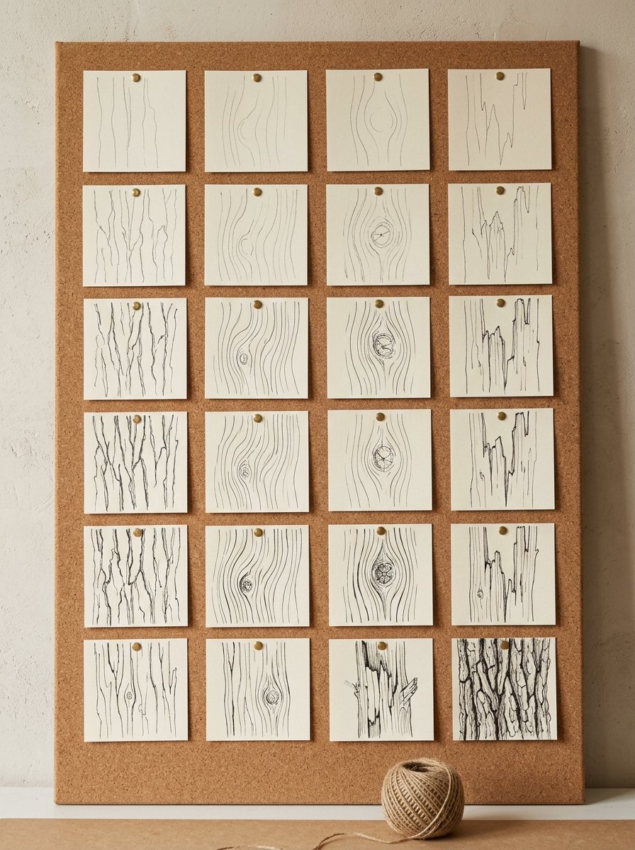 Drawing textures for bark and wood: a cork pinboard of small grain studies, the marks growing steadier row by row