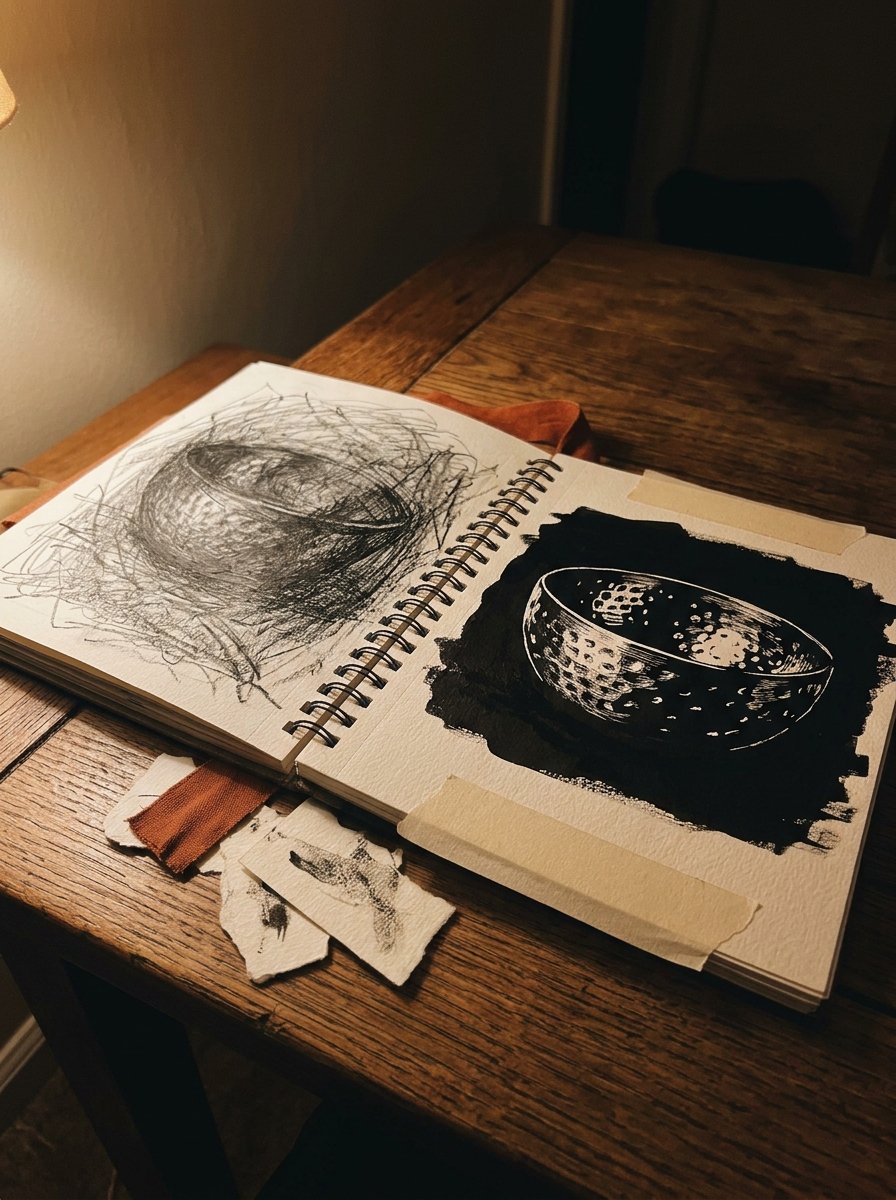 An open journal at night, one page a muddy grey attempt at metal and the facing page the same bowl built black first