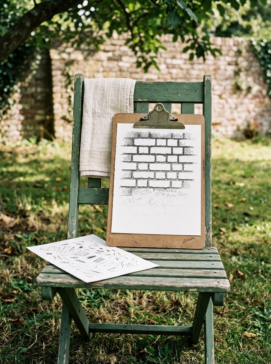 Drawing textures on a clipboard in a garden: a brick wall study where only the mortar joints are inked and every brick face is left blank