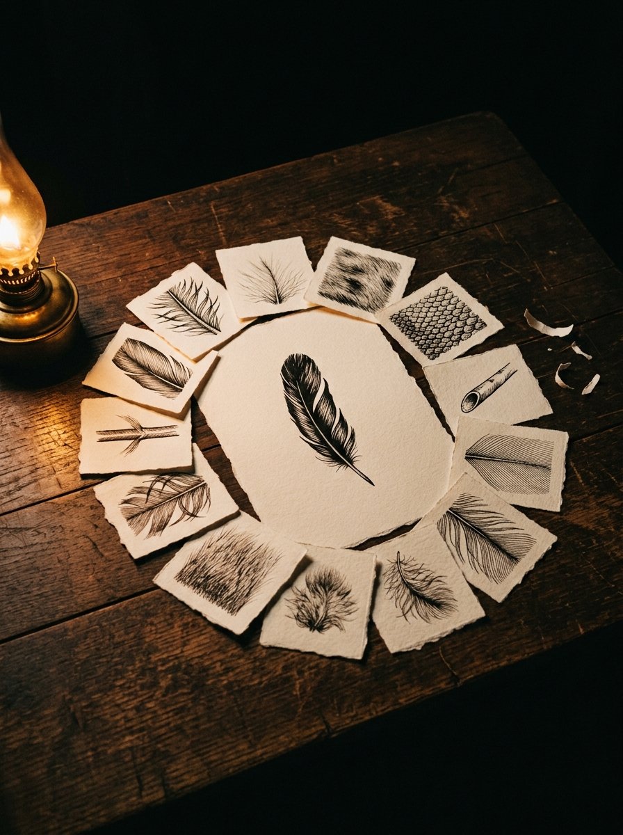 Torn paper squares spread around one large sheet at night, each holding a different feather or fur study in ink