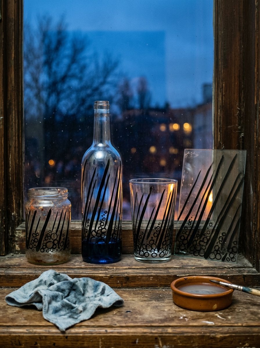 Glass jars and a bottle backlit on a deep sill at dusk, drawn over with vertical streaks and small round bubbles