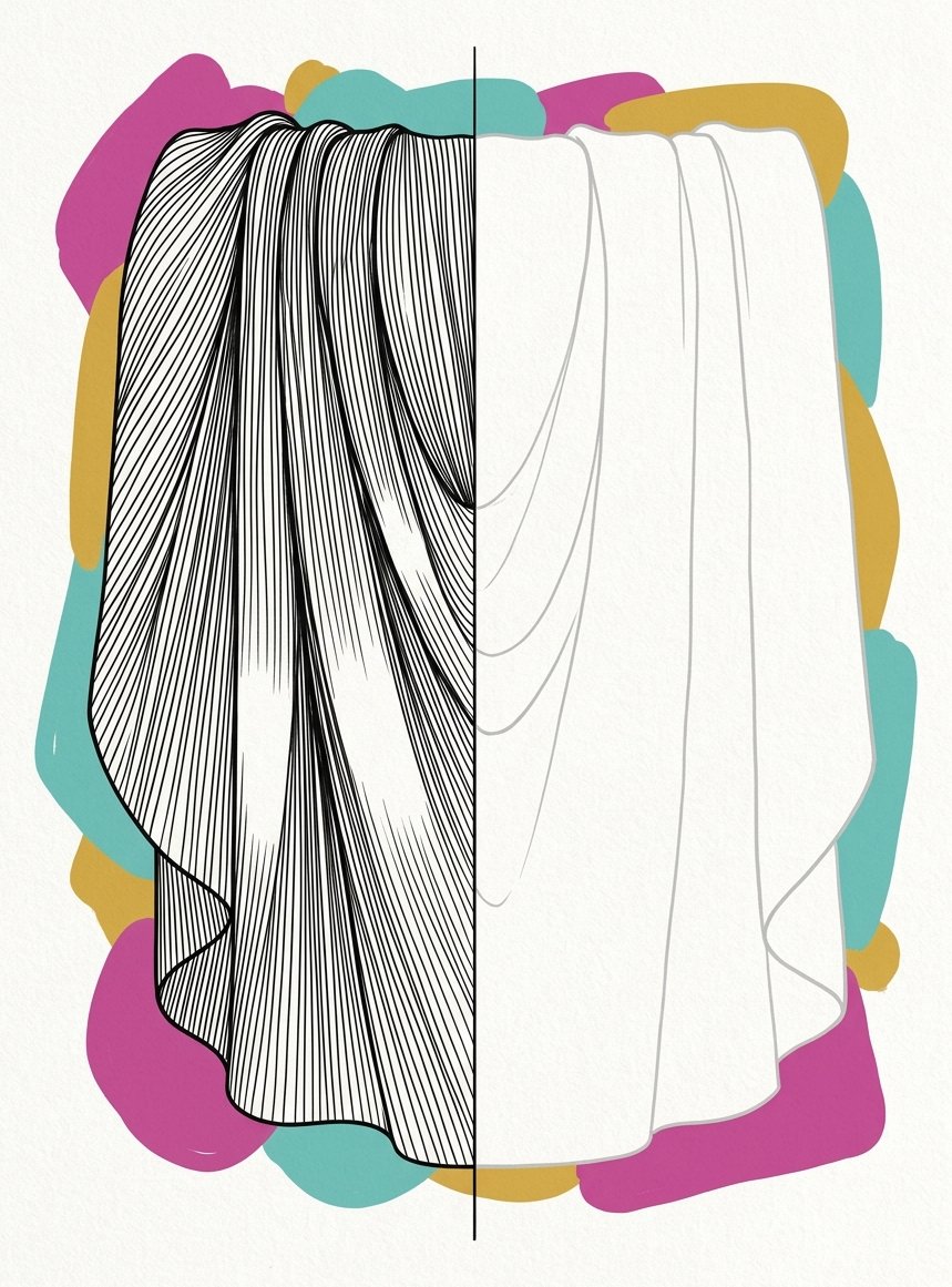 A length of folded cloth drawn half in finished ink and half as a pale guide, showing how the white gaps carry the shading