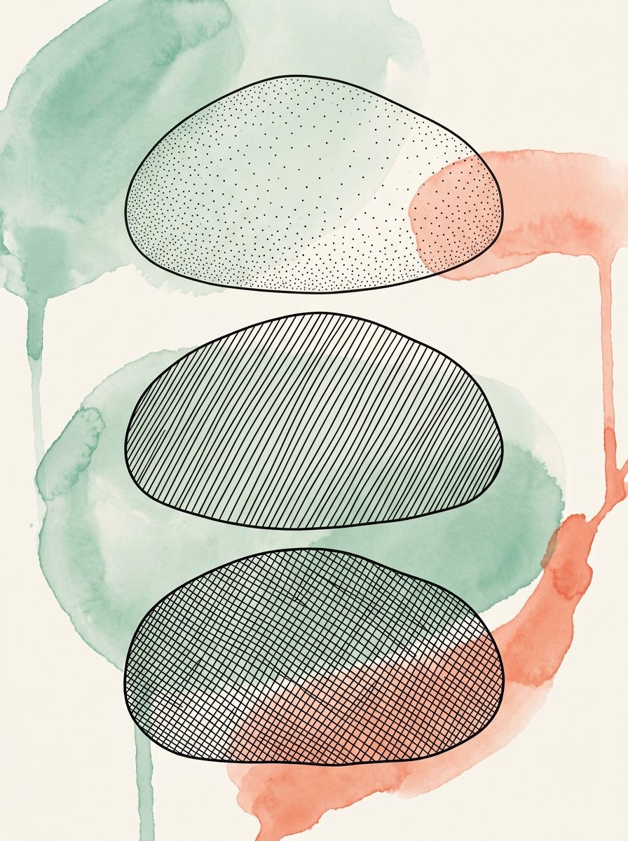 Drawing textures with one pen: the same river stone drawn three times, filled with dots, then parallel lines, then crossed lines