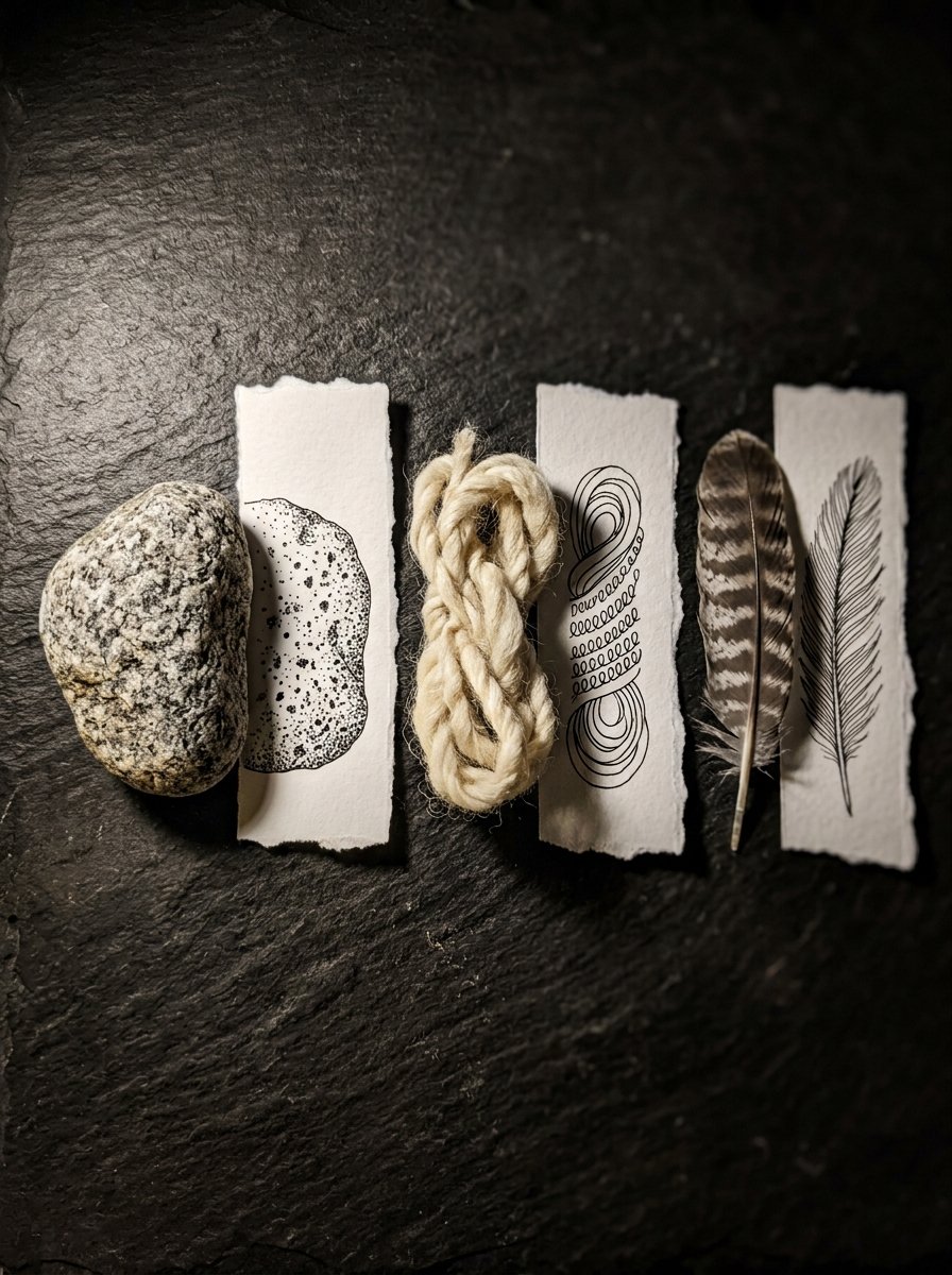 A stone, a coil of wool and a feather laid on dark slate, each touching a torn paper strip showing that same surface drawn in ink