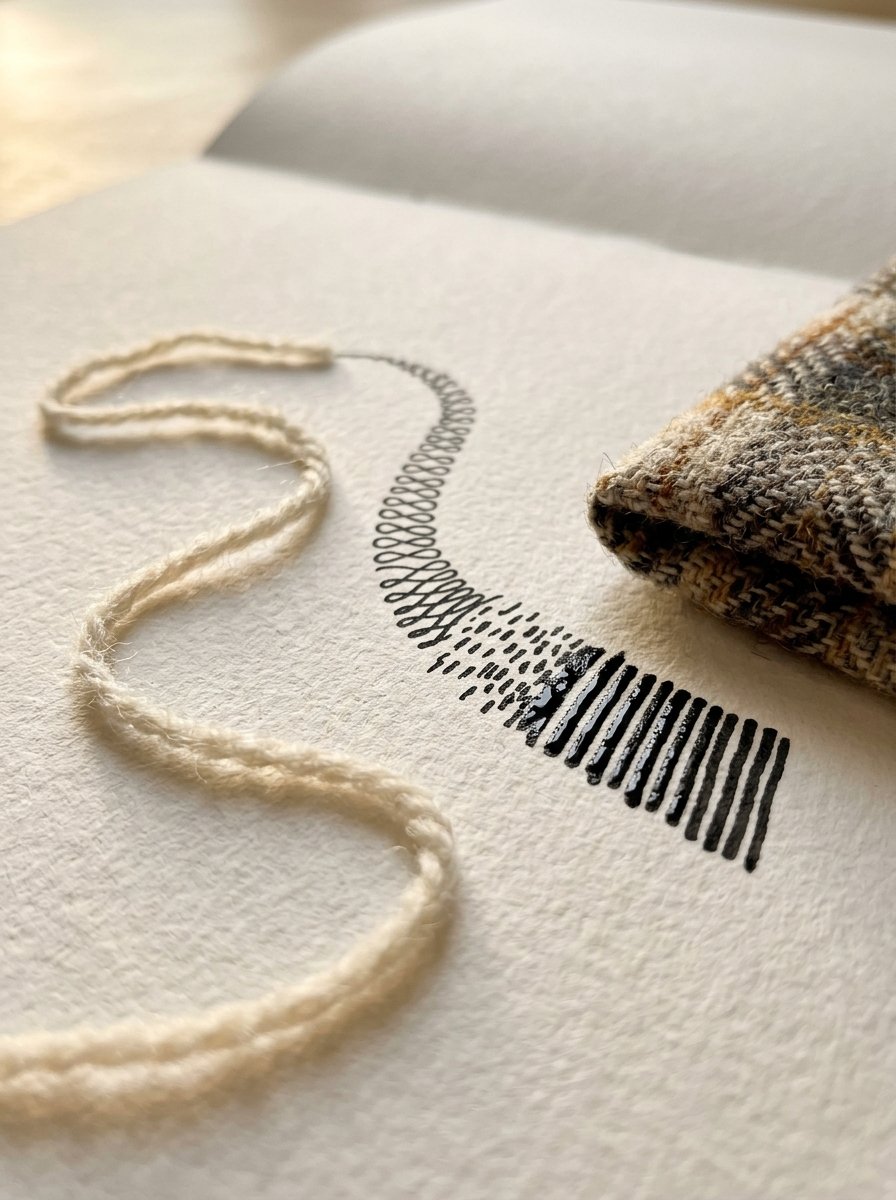 Drawing textures taken from cloth: a strand of wool whose curve continues as an ink line of small linked knitted loops
