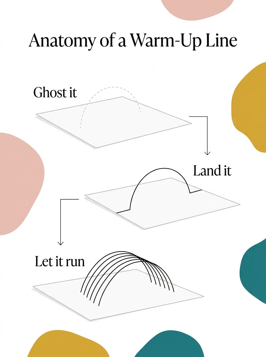 Infographic deconstructing one warm-up line in three stages, from a hovering rehearsal to a fan of repeated arcs