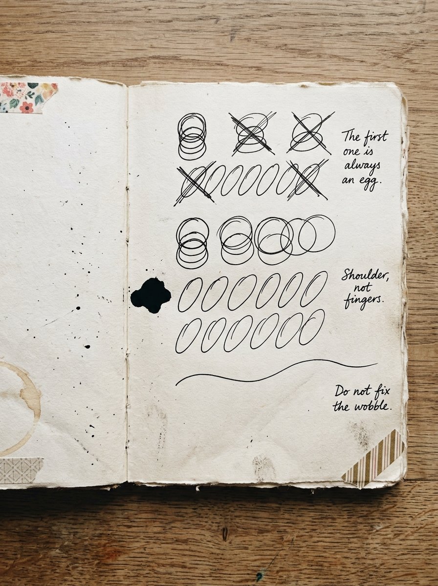 Artist journal spread of warm-up attempts, the cramped early tries crossed out and the looser ones left standing