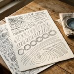 Drawing warm up exercises on one sheet: circles, ovals, long lines and a spiral, getting looser across the page