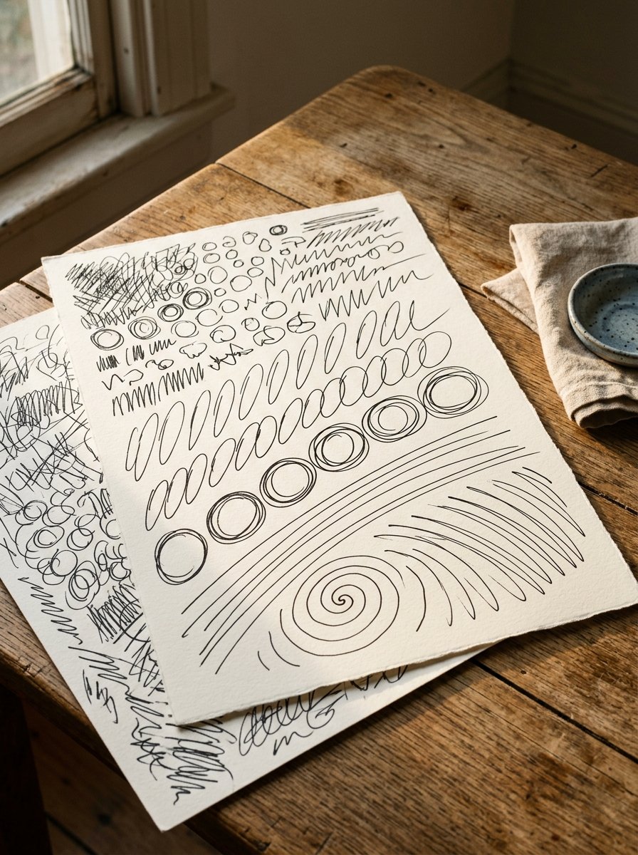 Drawing warm up exercises on one sheet: circles, ovals, long lines and a spiral, getting looser across the page