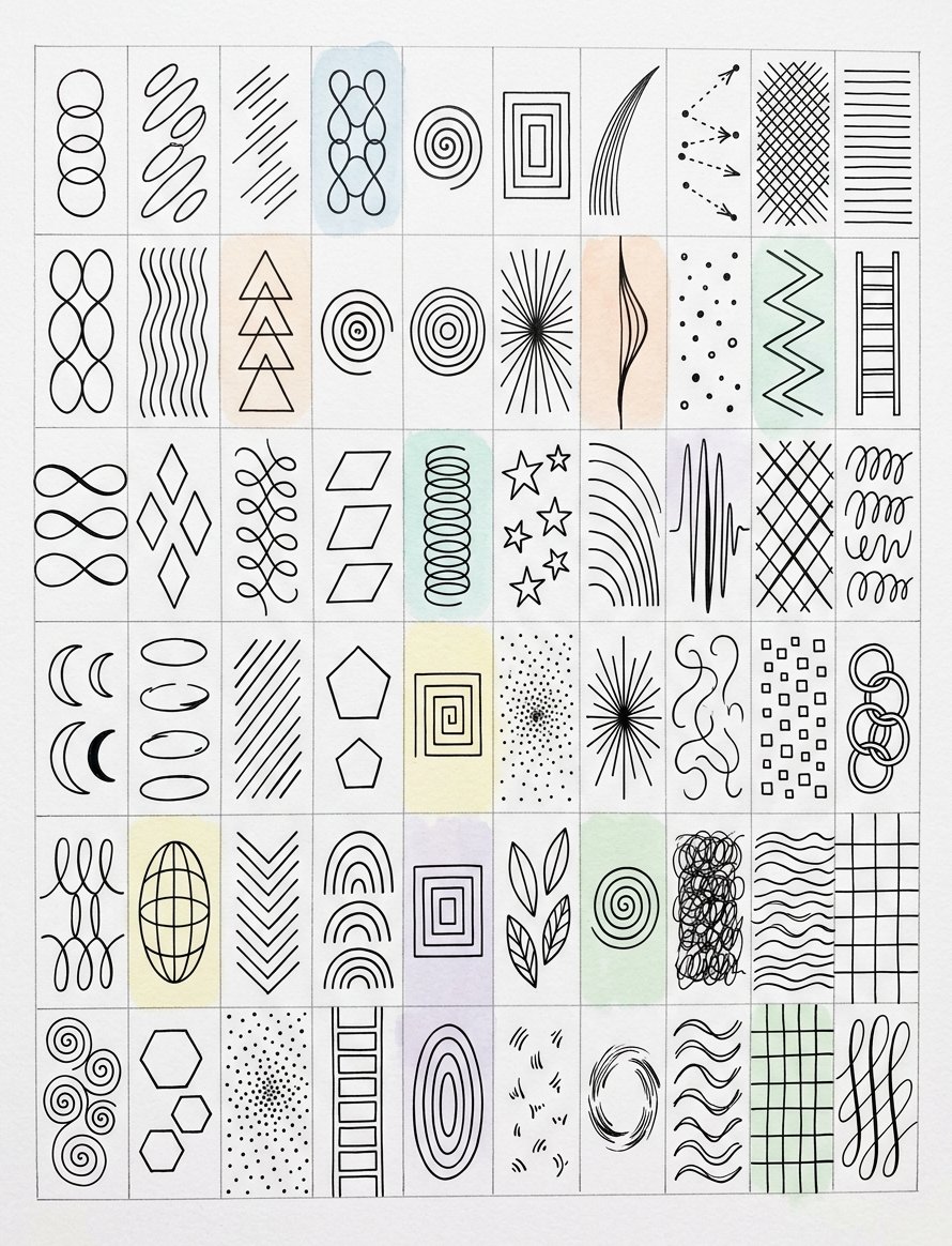 A library chart of drawing warm up exercises, dozens of small distinct practice marks arranged in rows and columns