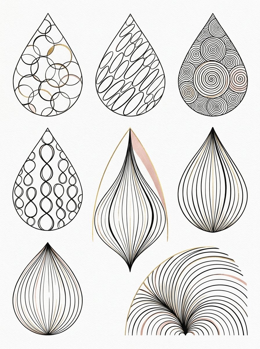 Drawing warm up exercises: reference sheet of loose practice mark textures, each set inside an arch or tear-drop shape with gold and blush accents