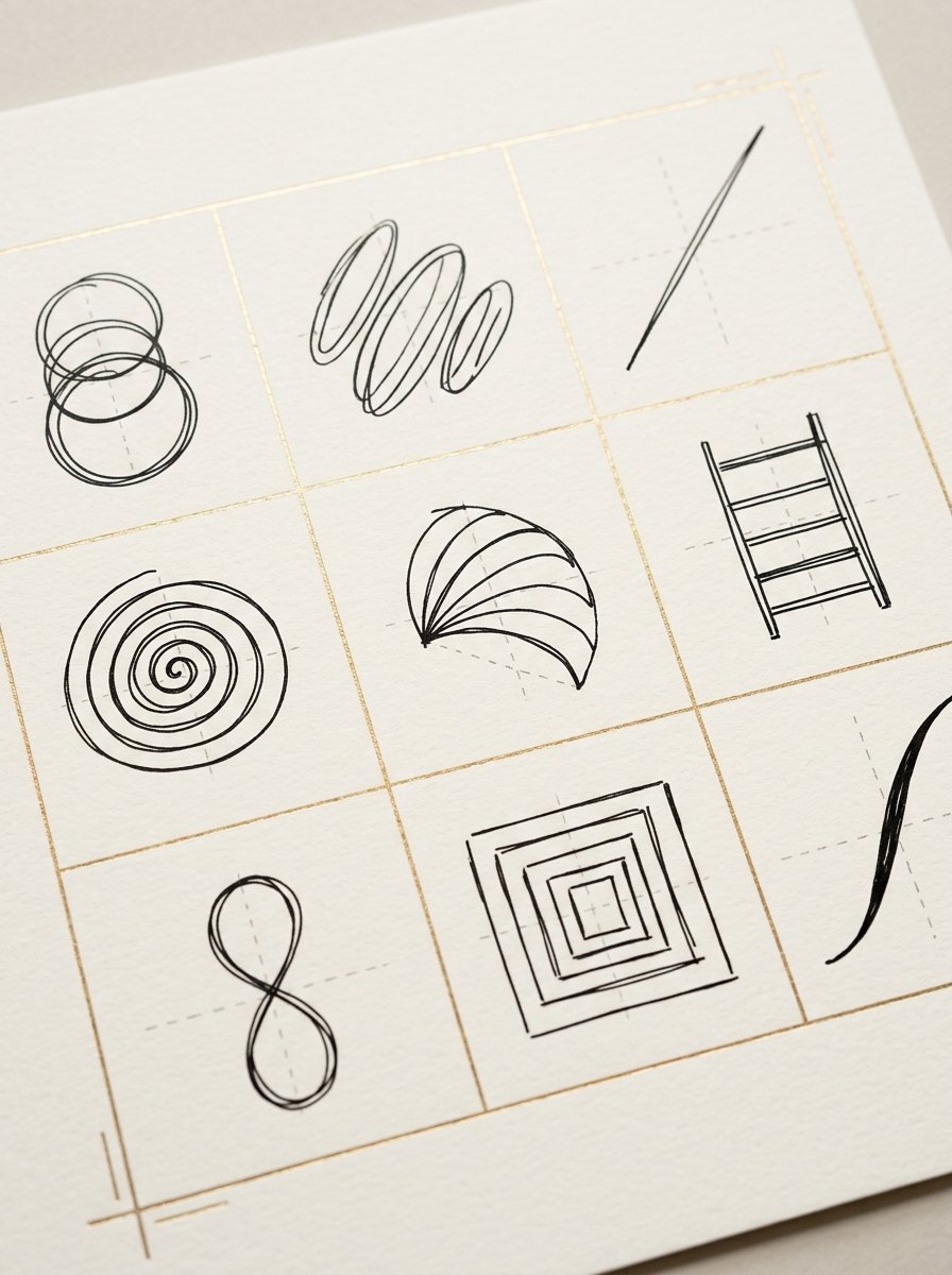 A 3 by 3 grid of drawing warm up exercises, one loose mark per square, from stacked circles to a figure-8 chain