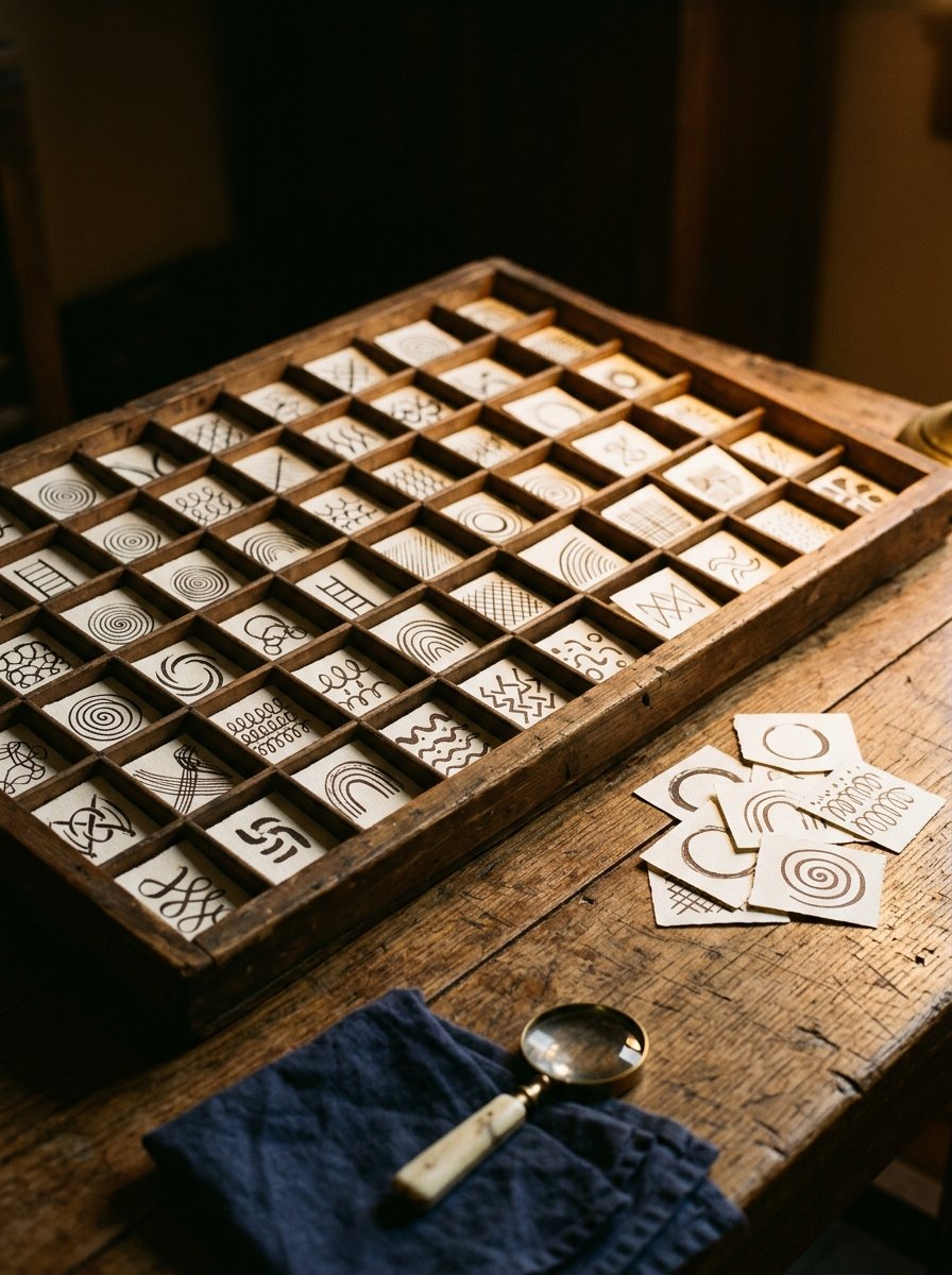 A printer's tray pulled open under lamplight, every compartment holding a different small ink practice study