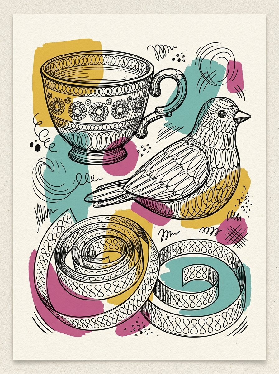 Drawing warm up exercises, an eccentric still life assembled from practice marks: a cup of stacked circles, a bird of ovals, a ribbon of loops