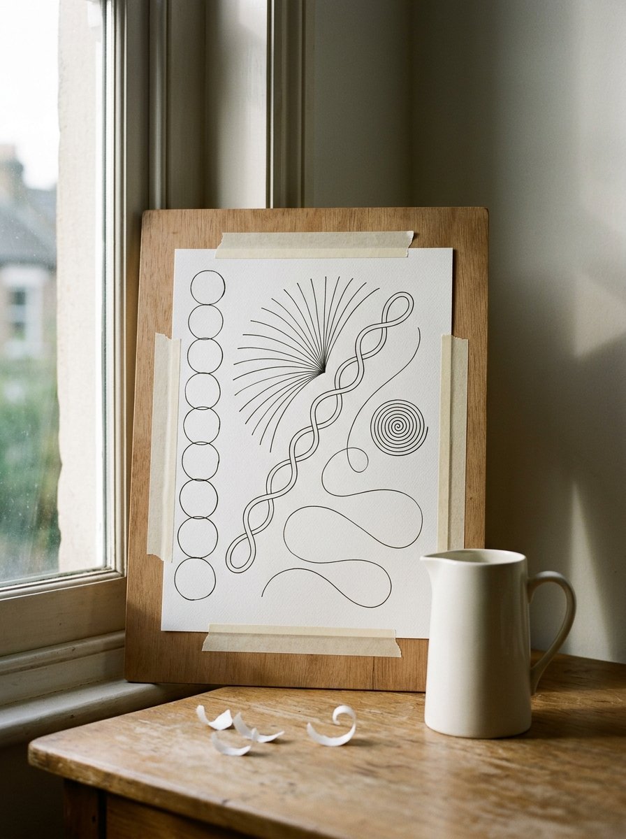 A drawing board at a window holding a taped sheet of drawing warm up exercises, arcs and a long single-pass line