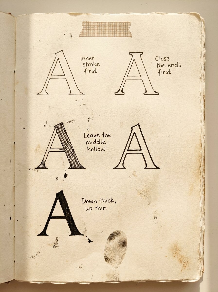 An artist journal page of faux calligraphy trials, one letter outlined, capped, part filled and left hollow