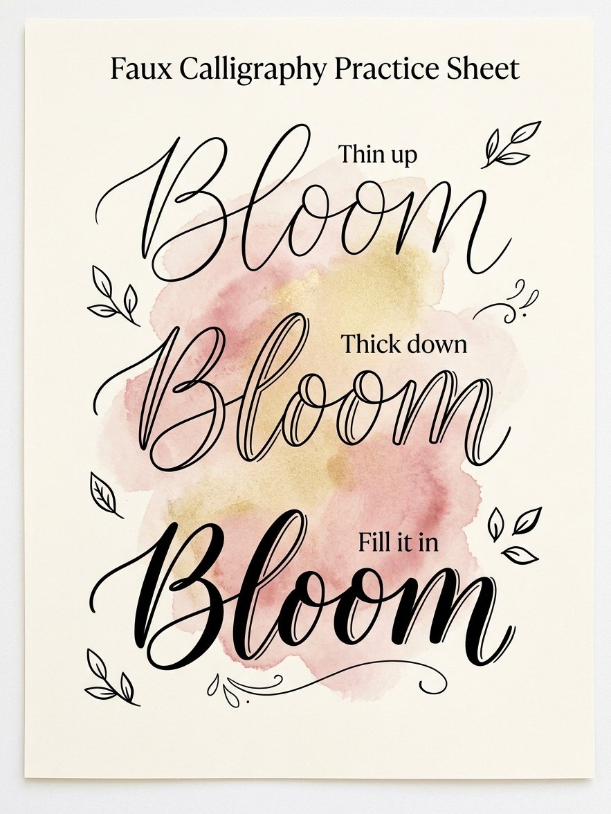 Free faux calligraphy practice sheet: one word plain, then marked for weight, then filled in