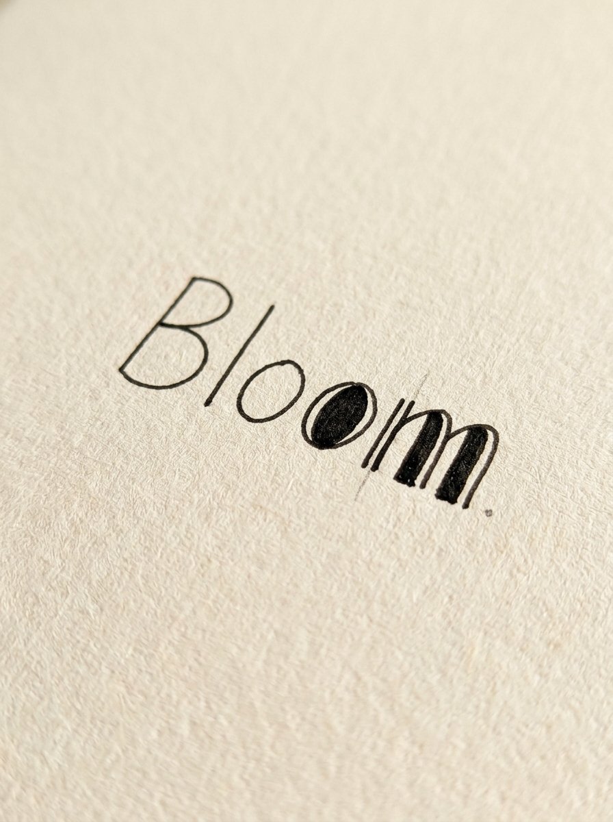 Faux calligraphy: the word Bloom with its downstrokes half thickened and half still outlined