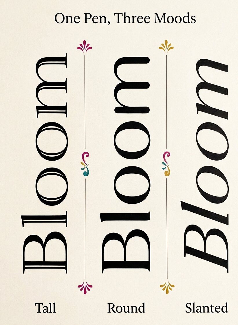 The same faux calligraphy word thickened three ways, stretched tall, widened round, then slanted