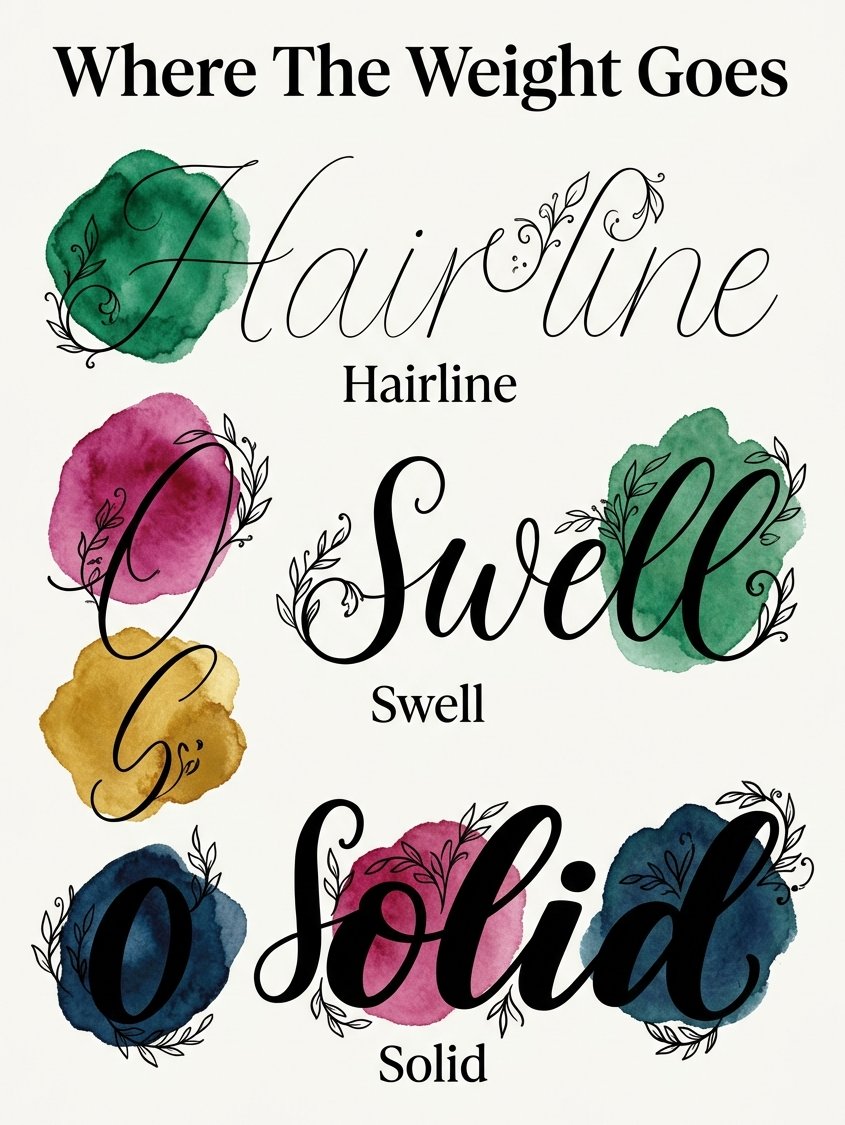 A stroke index in jewel-tone ink swatches running from a hairline to a solidly filled stroke