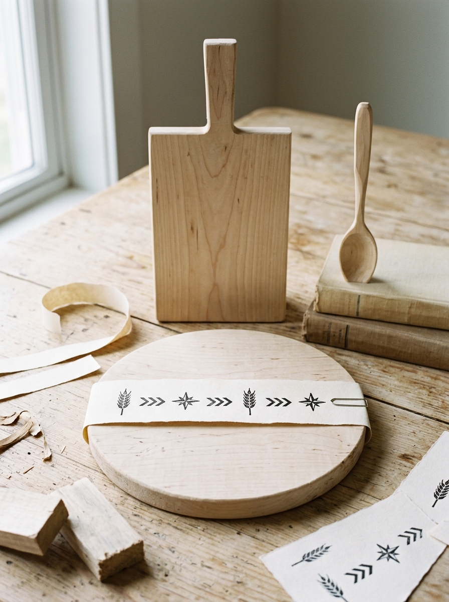 Three plain birch pieces on a work table, a paper strip of wheat-ear and chevron motifs clipped round the round board before burning