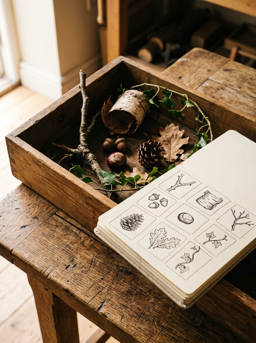 A drawer of gathered tree material — a forked twig, birch bark, acorns, a conker and a pine cone — beside a sketchbook of eight tree studies