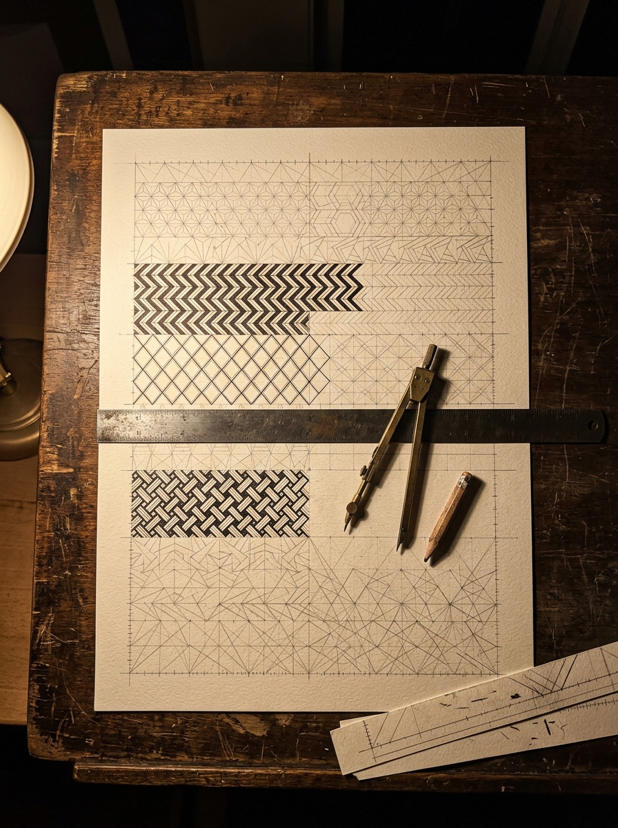 Geometric patterns to draw ruled in ink on a drafting board with a compass and steel straightedge at night
