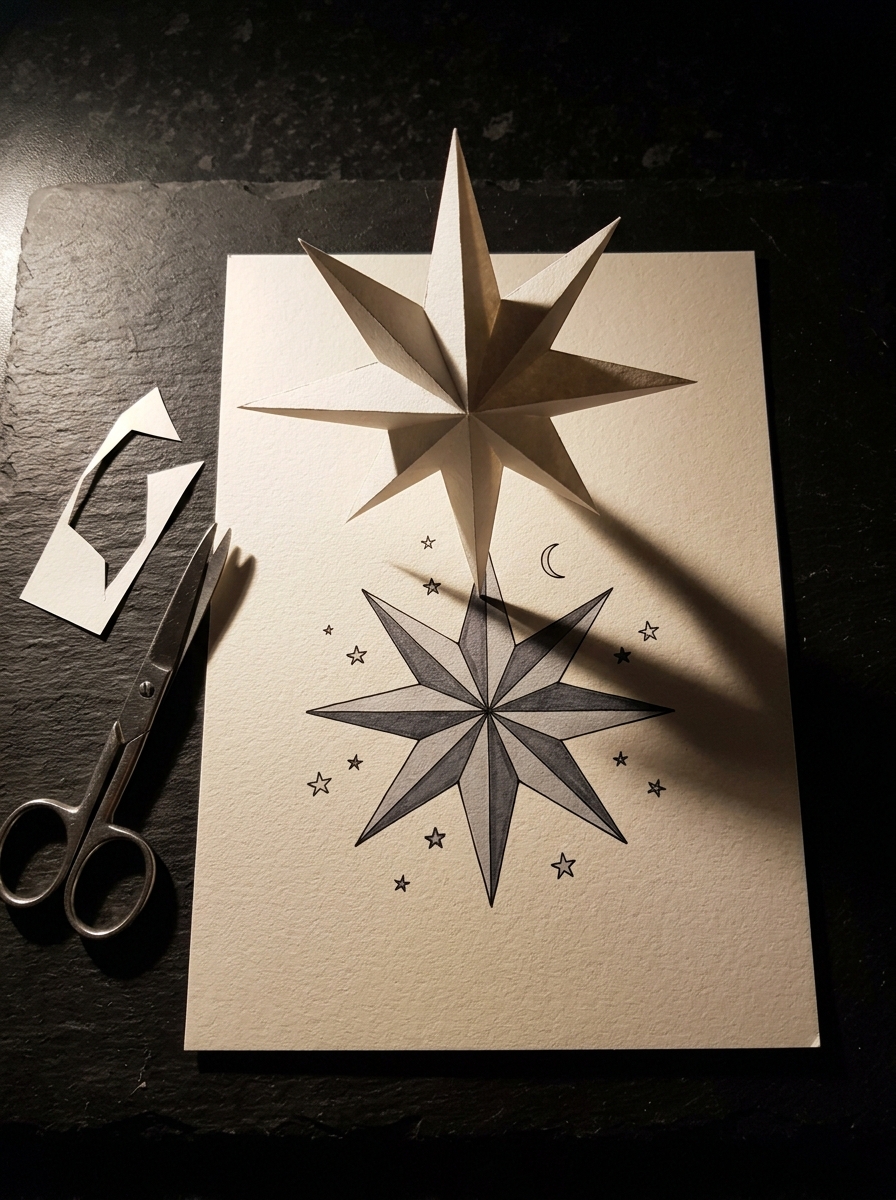 Celestial drawing: a cut-paper 8-point star standing on a sheet where the same star is drawn in flat tones