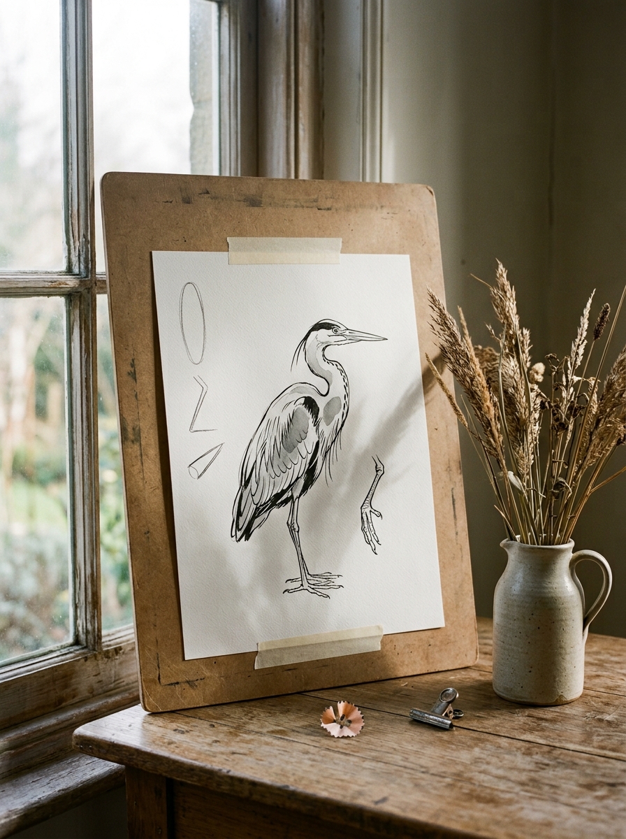 A heron study taped to a board propped on a table by a window, marsh reeds drying in a stoneware jug beside it