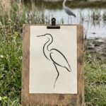 Field sketching outdoors, a drawing board propped at a field edge carrying an ink study of a heron with the real heron blurred behind it