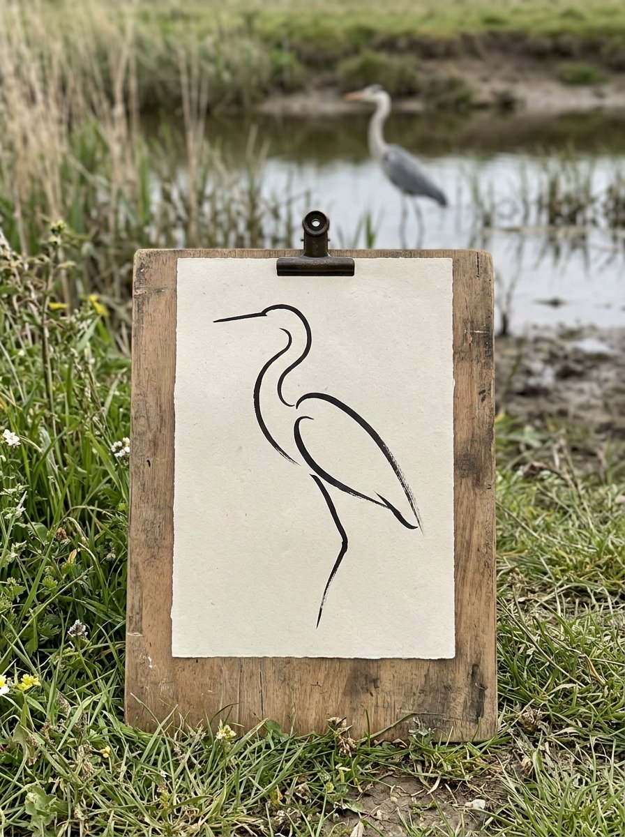 Field sketching outdoors, a drawing board propped at a field edge carrying an ink study of a heron with the real heron blurred behind it