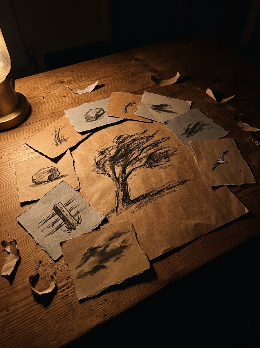 Black chalk on rough brown wrapping paper, the broad broken marks a rough surface gives a field sketching line