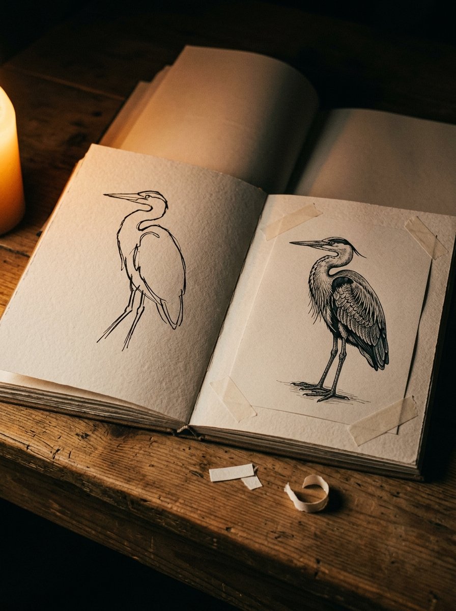 An open journal at night, the hurried outdoor field sketching page on the left and the same heron finished calmly at home