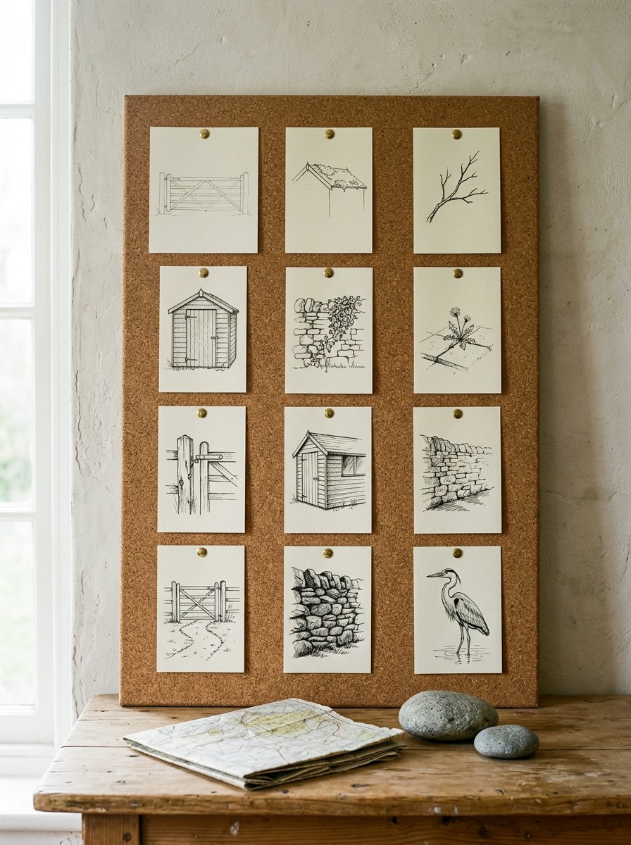 Small field sketching pages pinned to a cork board, gates, roofs and walls getting steadier row by row