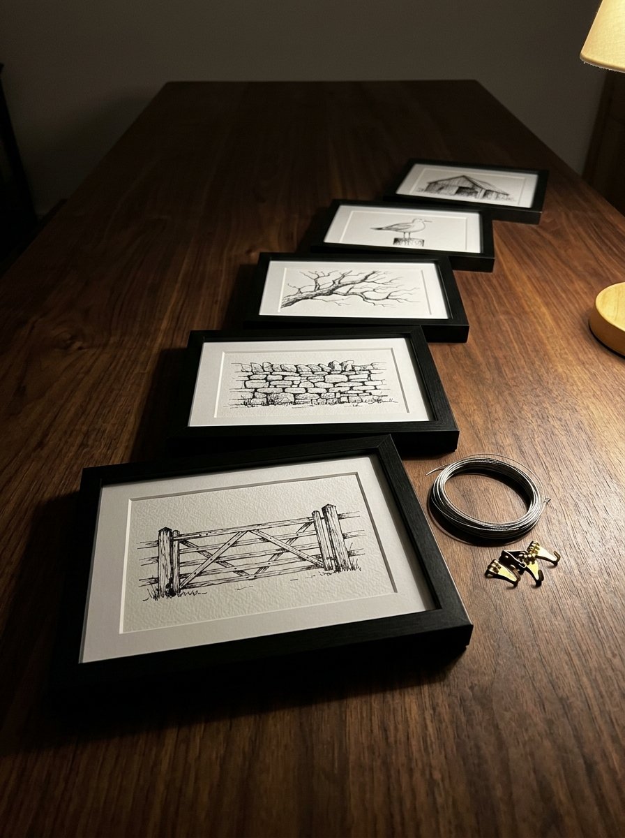 A row of finished field sketching studies in plain frames, a gate, a stone wall, a bare branch and a gull
