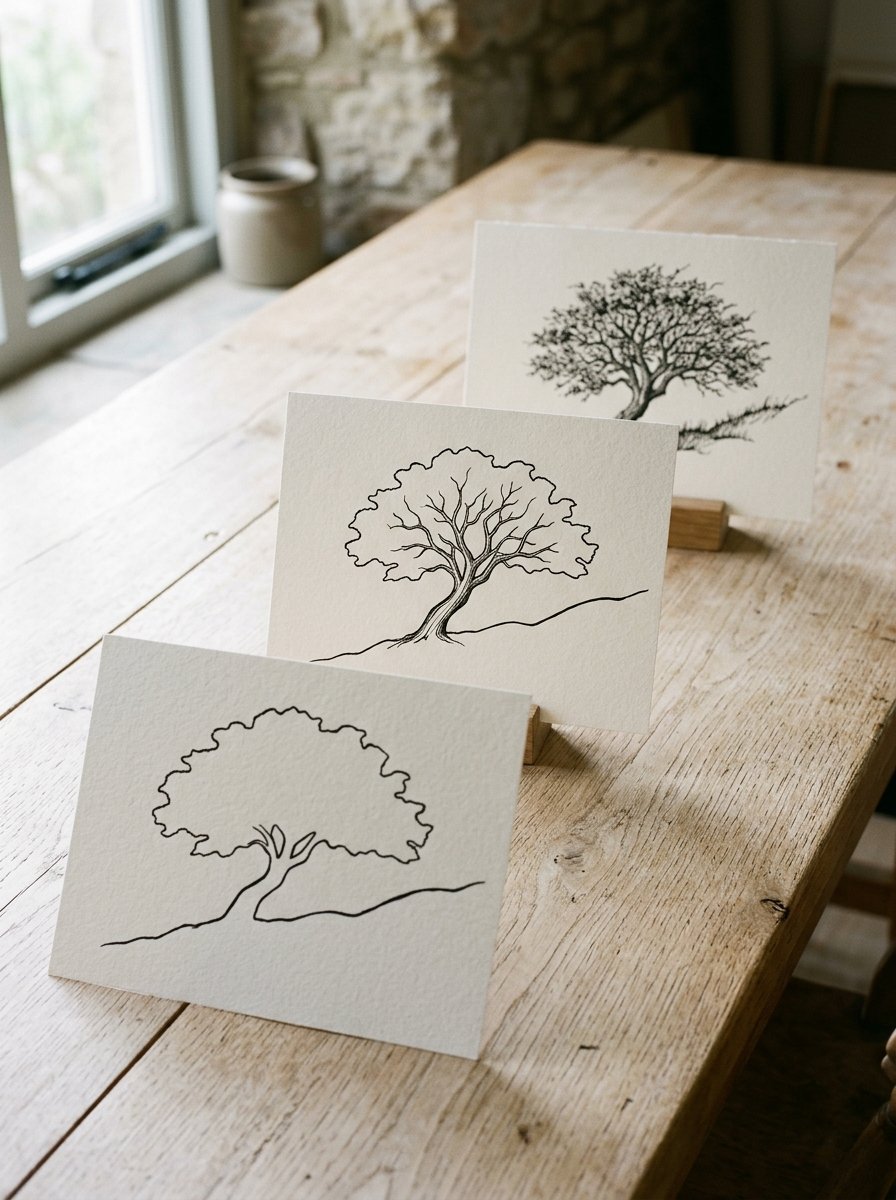 Field sketching in stages, three propped cards showing the big shape, then the lean, then the finished tree