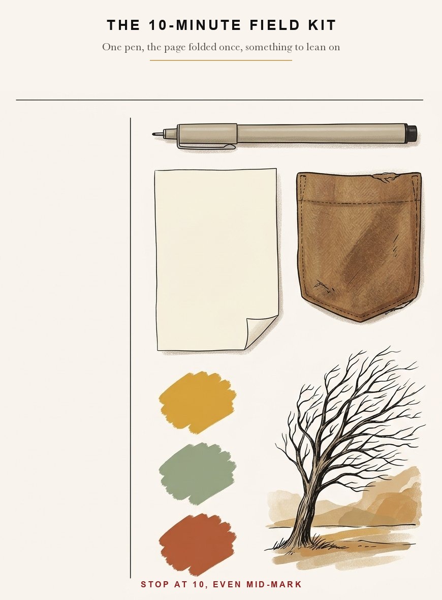 The 10-minute field sketching kit laid out as a card, one pen, a page folded once and three accent swatches