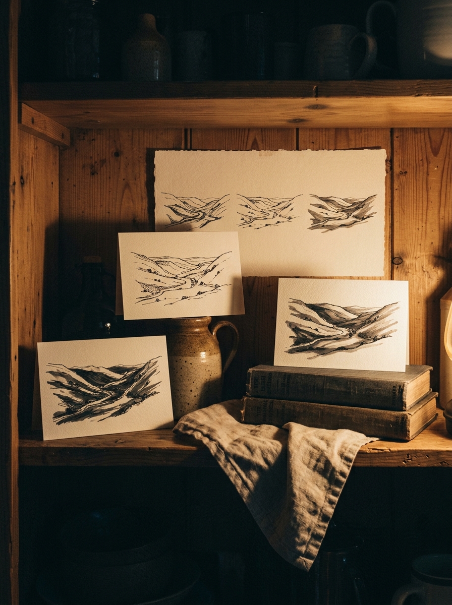 Three ink studies of the same valley at three hours, standing at different heights on a dresser shelf at dusk