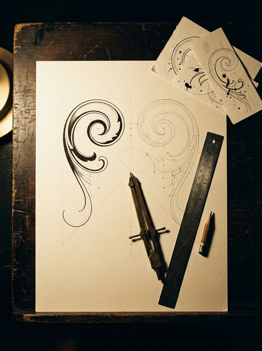 A drafting board at night holding a filigree corner half built, one flank inked and swelling while the other is still a pencil spine