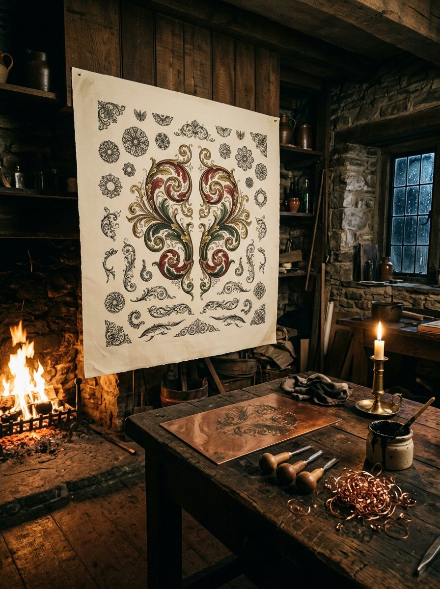 An engraver's workroom at night, a large scrollwork proof still damp on the wall above a bench of plates and shavings