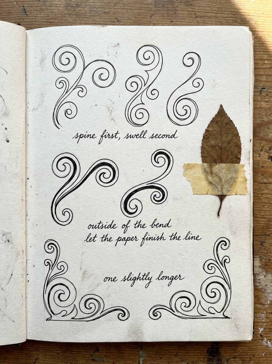 Filigree drawing practice page from an artist journal, scroll studies surrounded by four handwritten margin notes