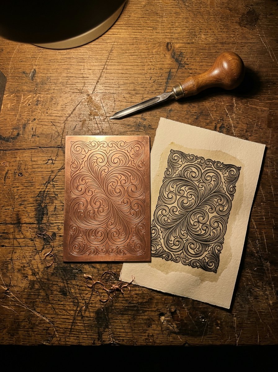 A copper plate cut with filigree scrollwork lying beside the damp sheet just printed from it, the same scrolls reversed on the metal