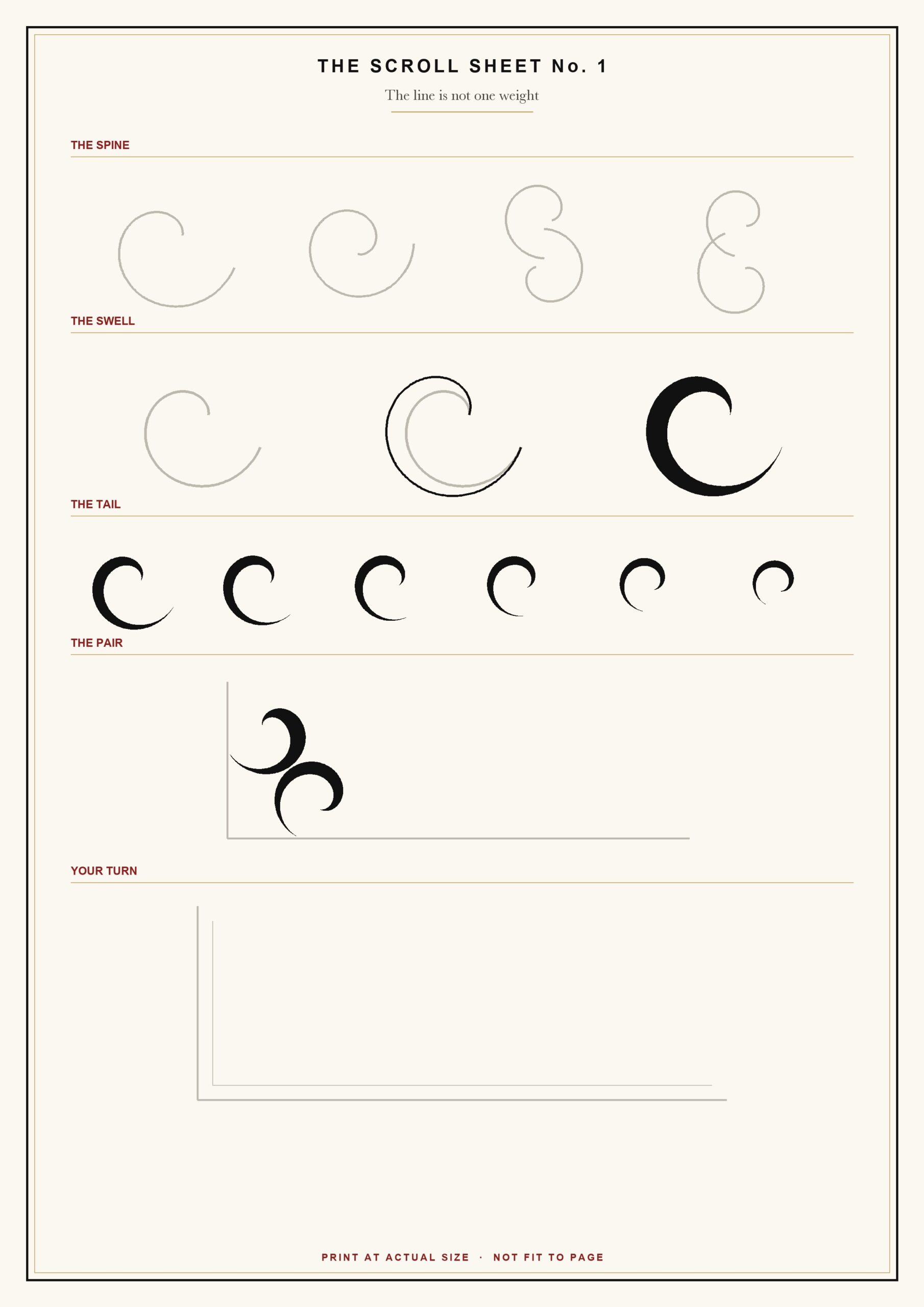 Filigree drawing free scroll sheet with four printed spines, a row of bare tails and one empty corner to fill