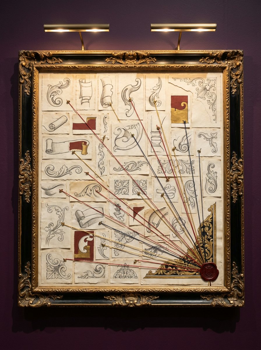 A framed museum panel packed with small scroll studies pinned and linked with coloured threads, ending at one finished corner