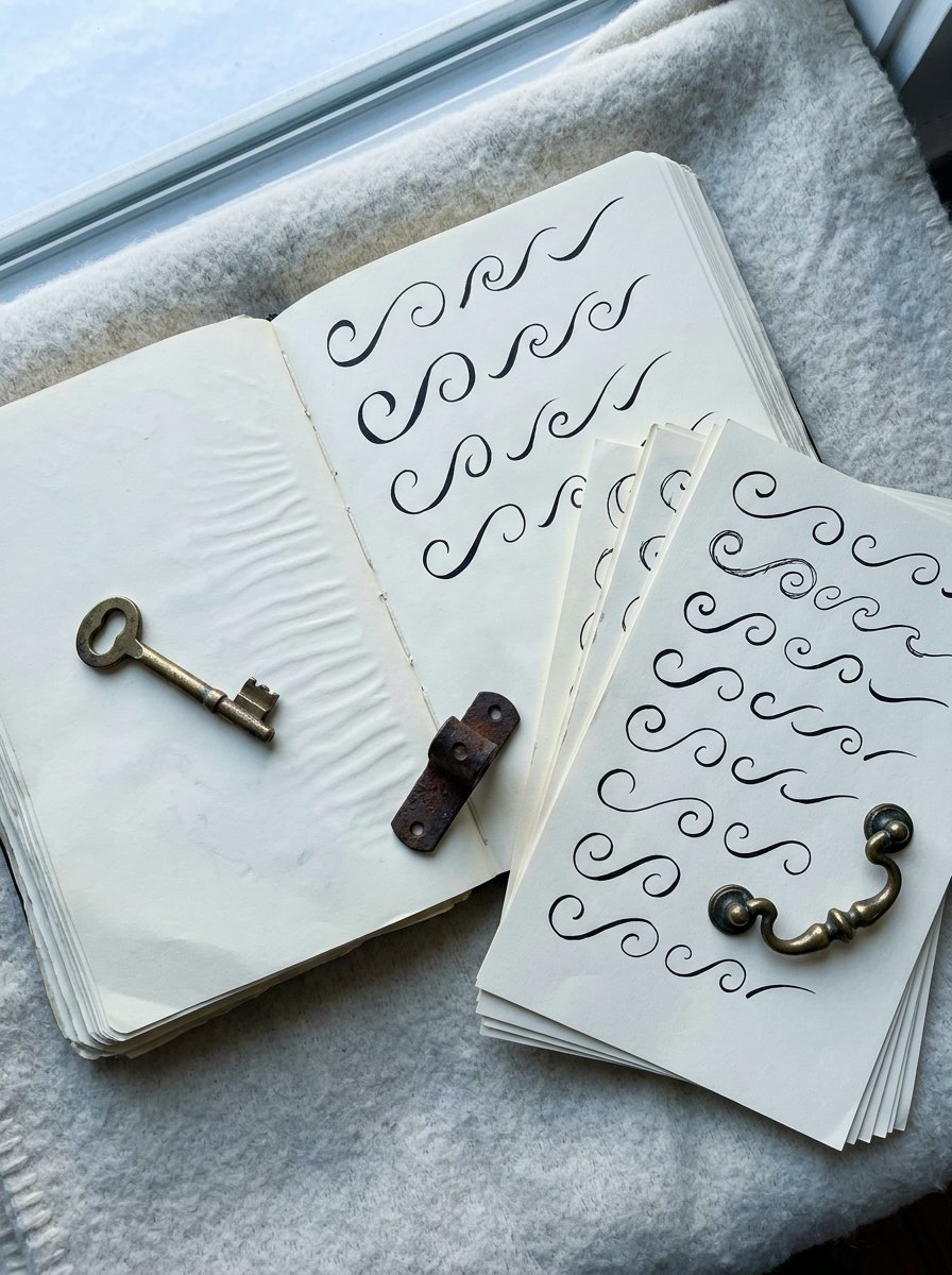 Filigree drawing: an open sketchbook on wool holding rows of practice scroll tails, each one running off to a point, with a brass key and an iron bracket beside it