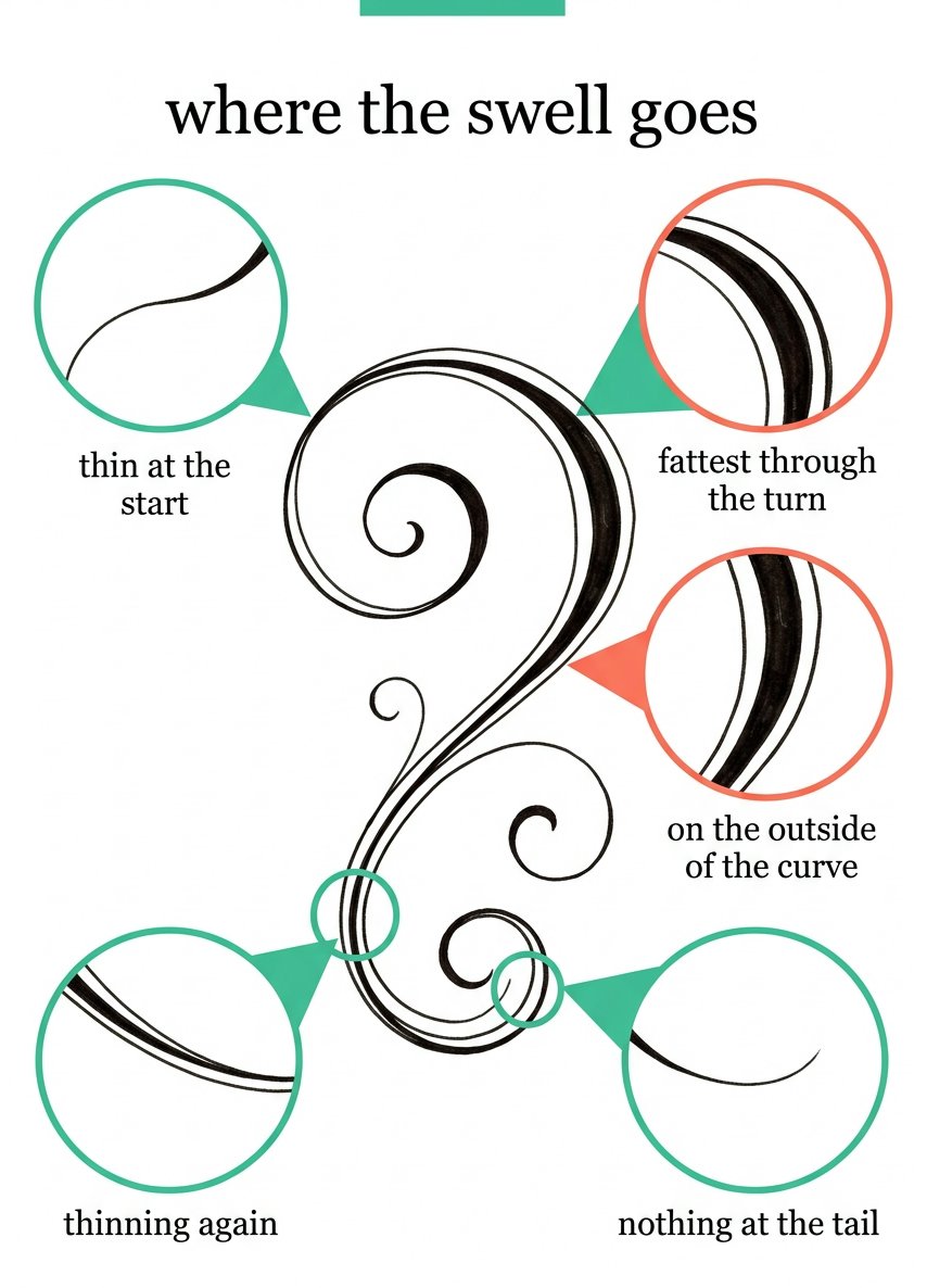 Filigree drawing diagram with five magnified circles showing where a scroll line swells and where it stays a hairline