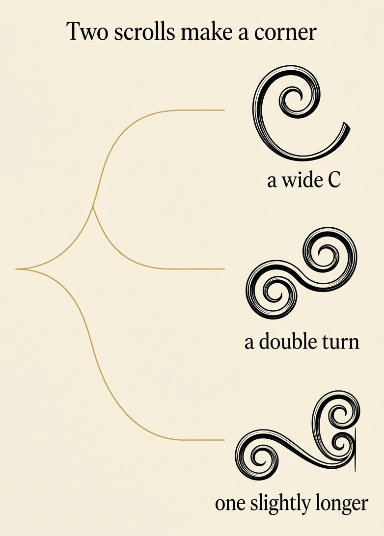 An elegant flowchart branching from one corner into three scroll choices for filigree drawing