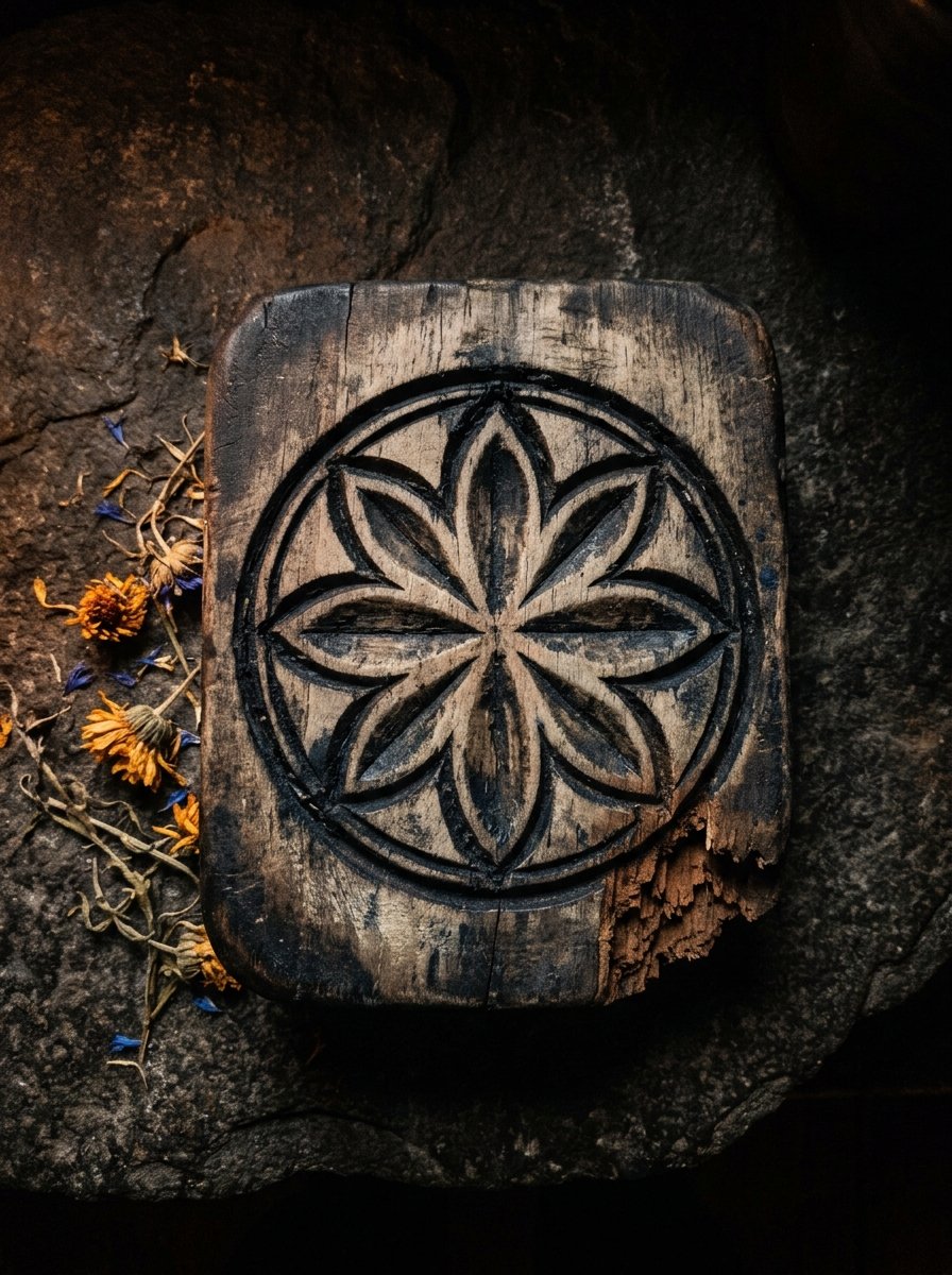 Candlelit carved printing block cut with one petal repeated four times into a closed ring
