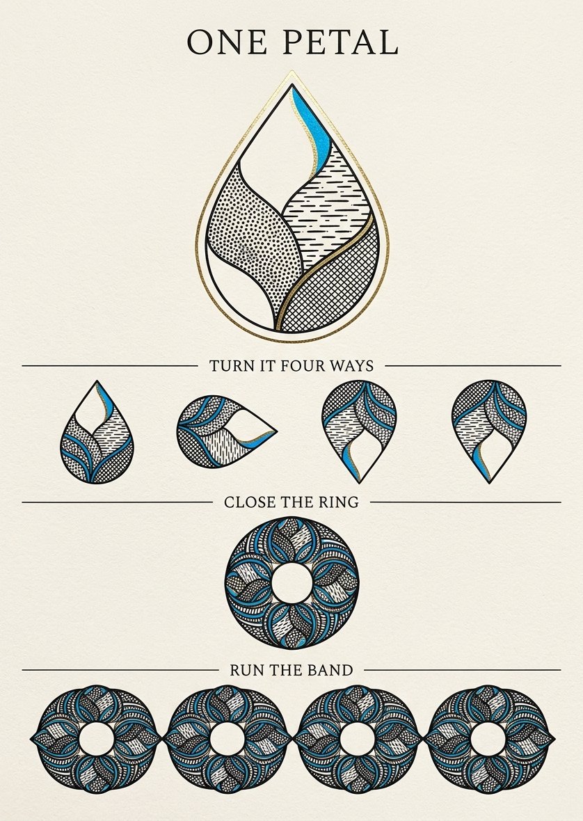 Free flower patterns to draw starter sheet: one petal, then the petal turned four ways, closed into a ring and run along a band